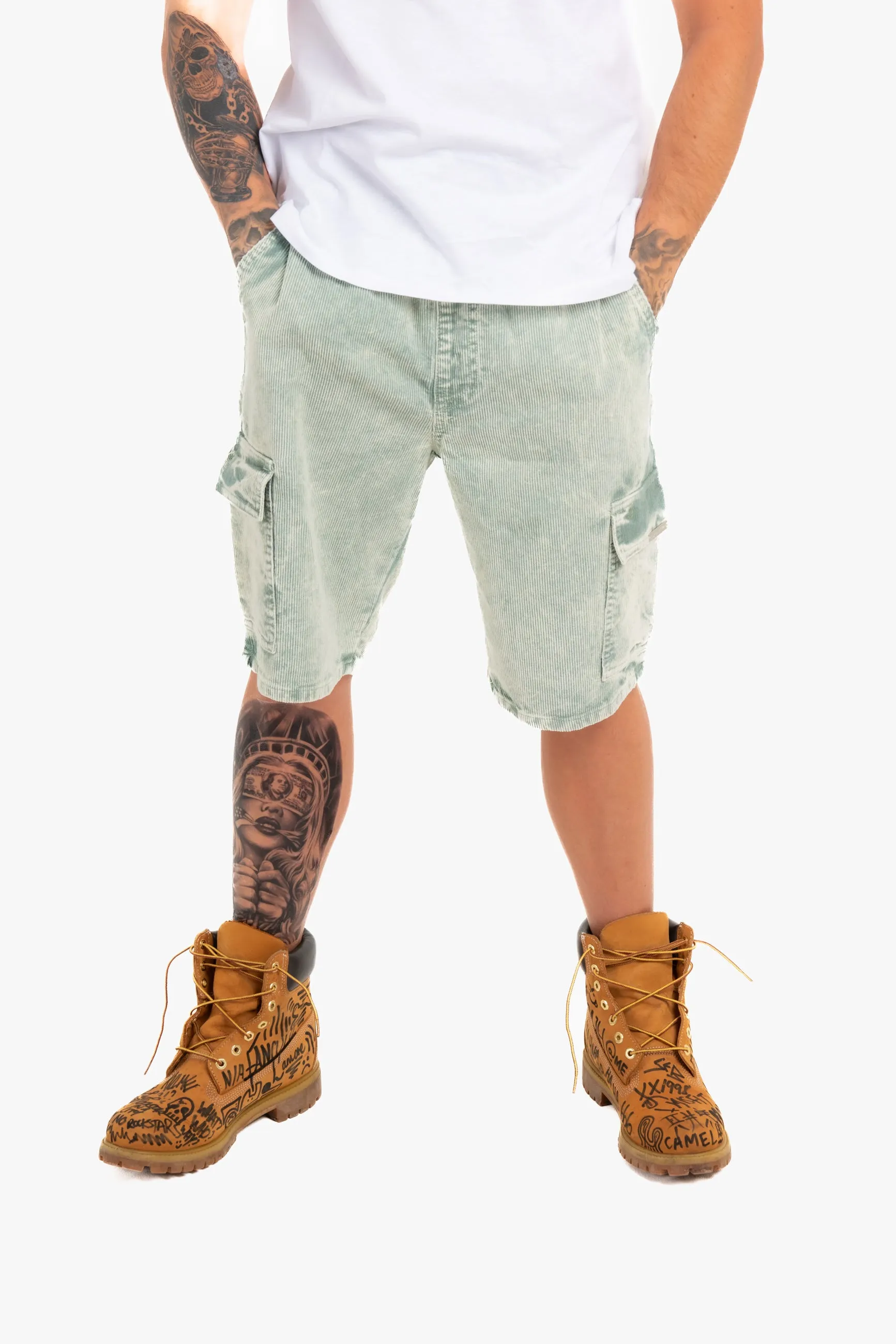 Acid Wash Green Corduroy Cargo Shorts