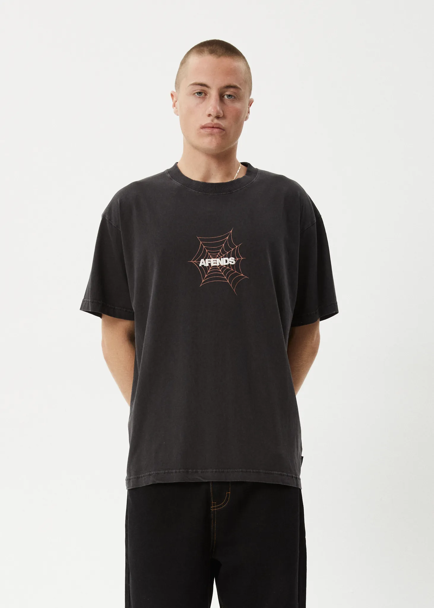 AFENDS Mens Webhead - Boxy Fit Tee - Stone Black