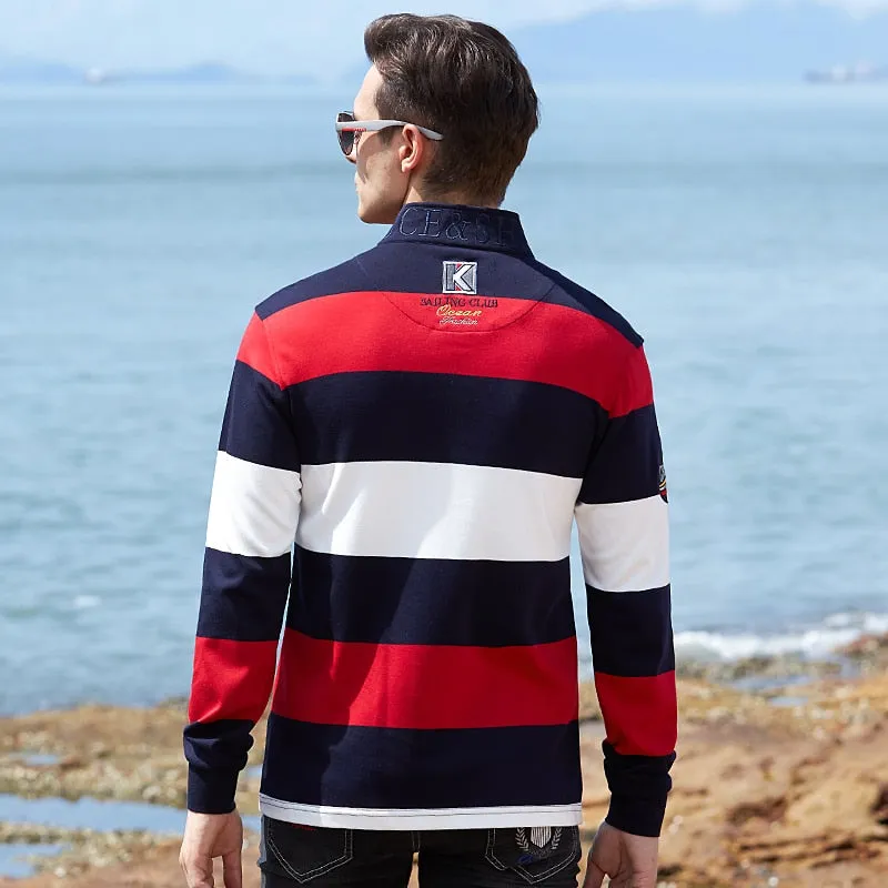 Ashore Shop New Winter and Autumn Men's Polo Long SleeveThicken Cotton Striped Loose Super Quality Fashion Casual  Big size 4XL