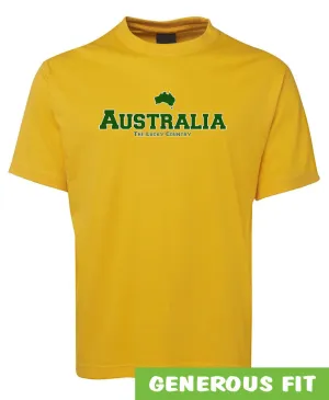 Australia The Lucky Country Adults T-Shirt (Yellow Gold, Green Print)