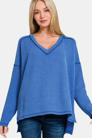 Blue V-Neck Texture Exposed Seam Top  with Long Sleeve