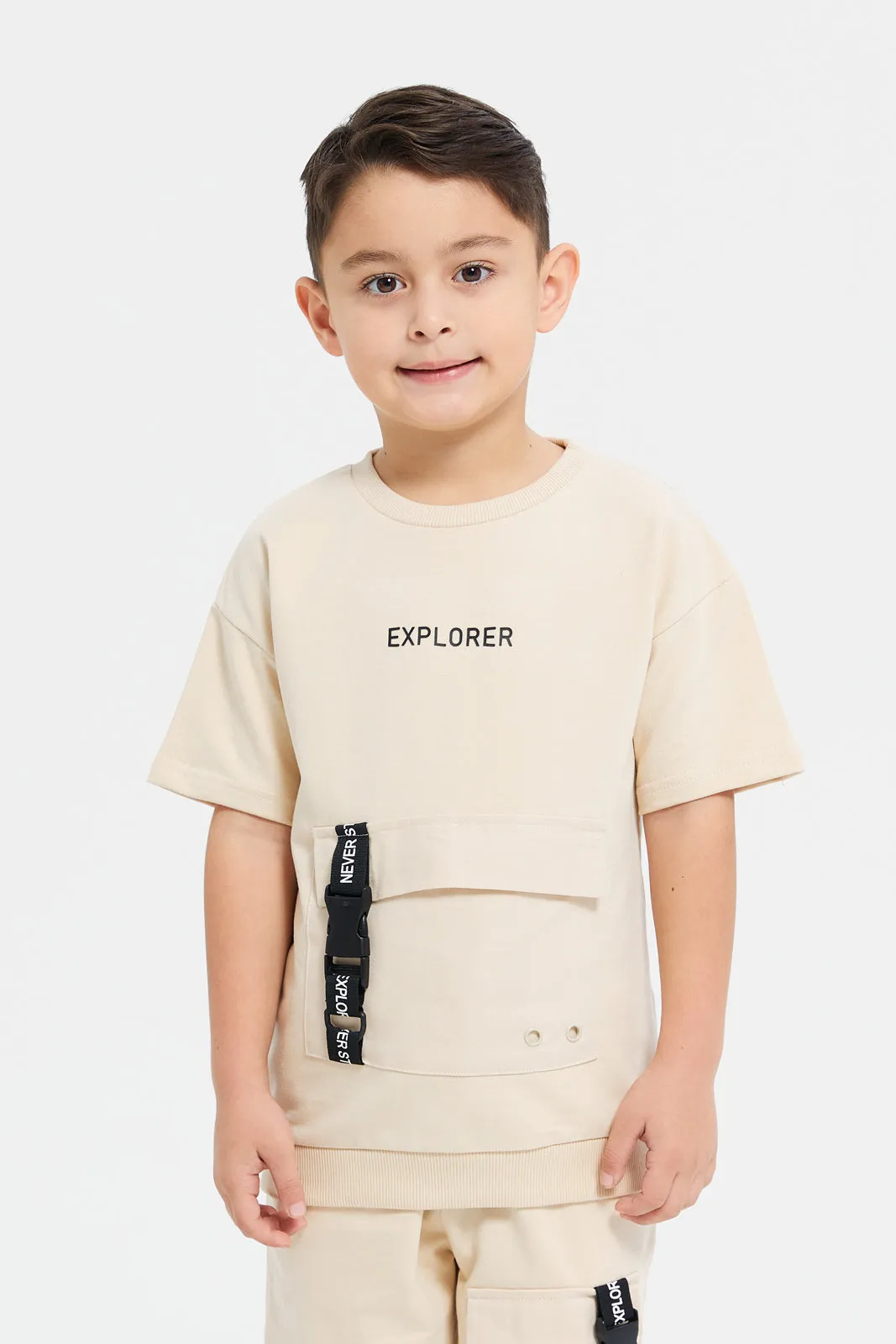 Boys Beige Short Sleeve T-Shirt With Patch Pocket