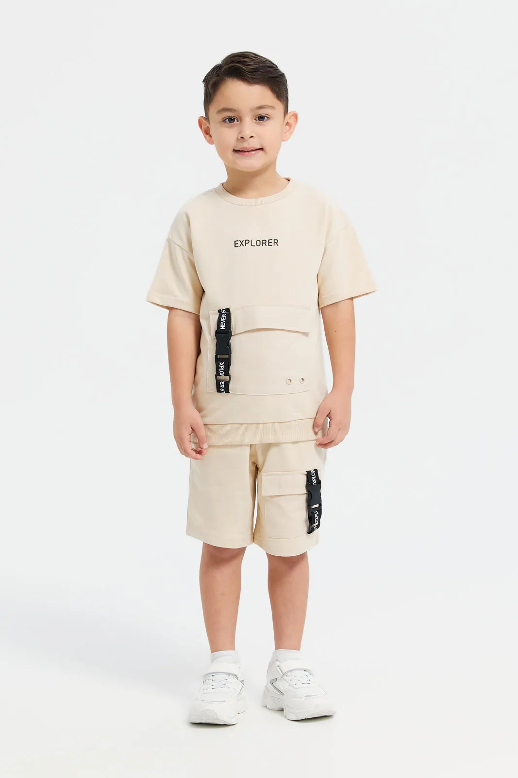 Boys Beige Short Sleeve T-Shirt With Patch Pocket