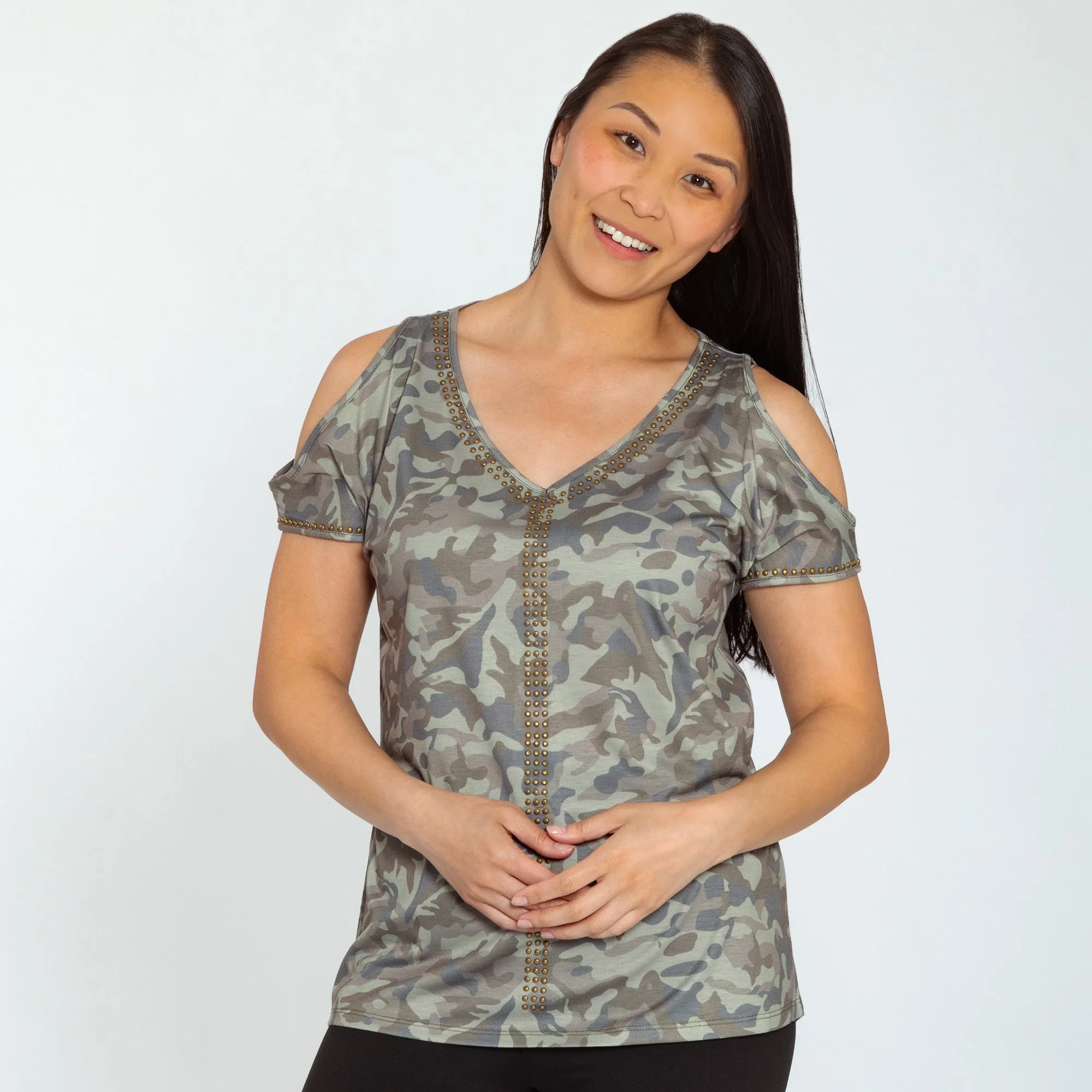 Camo Studded V-Neck Top