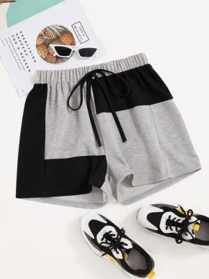 Casual Colorblock Tie Front Natural Women Shorts