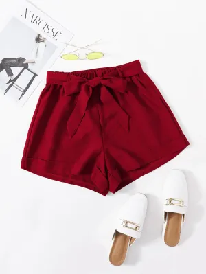 Casual Plain Belted Natural Women Shorts