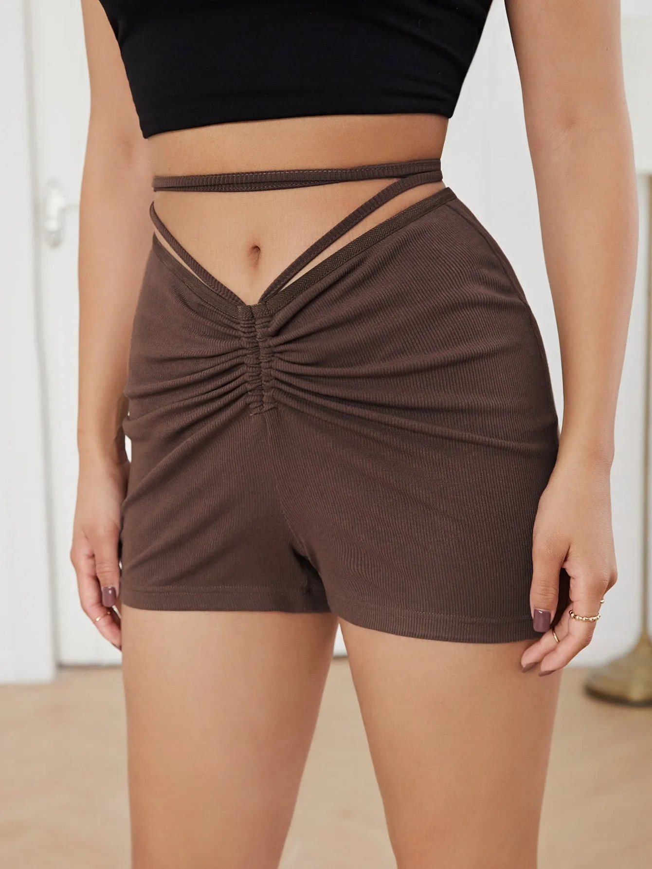 Casual Plain Rib-Knit Drop Waist Women Shorts