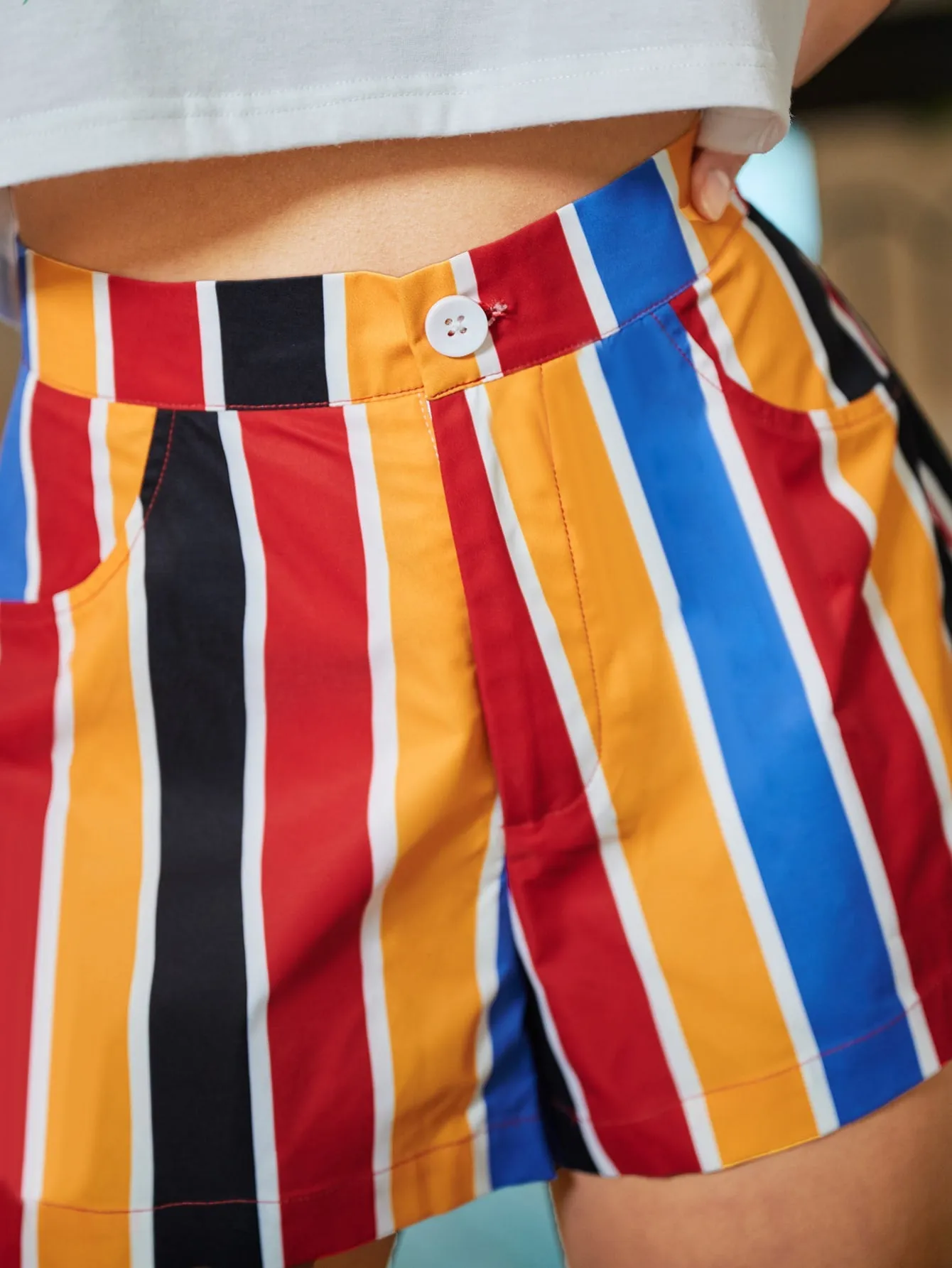 Casual Rainbow Stripe Zipper High Waist Women Shorts