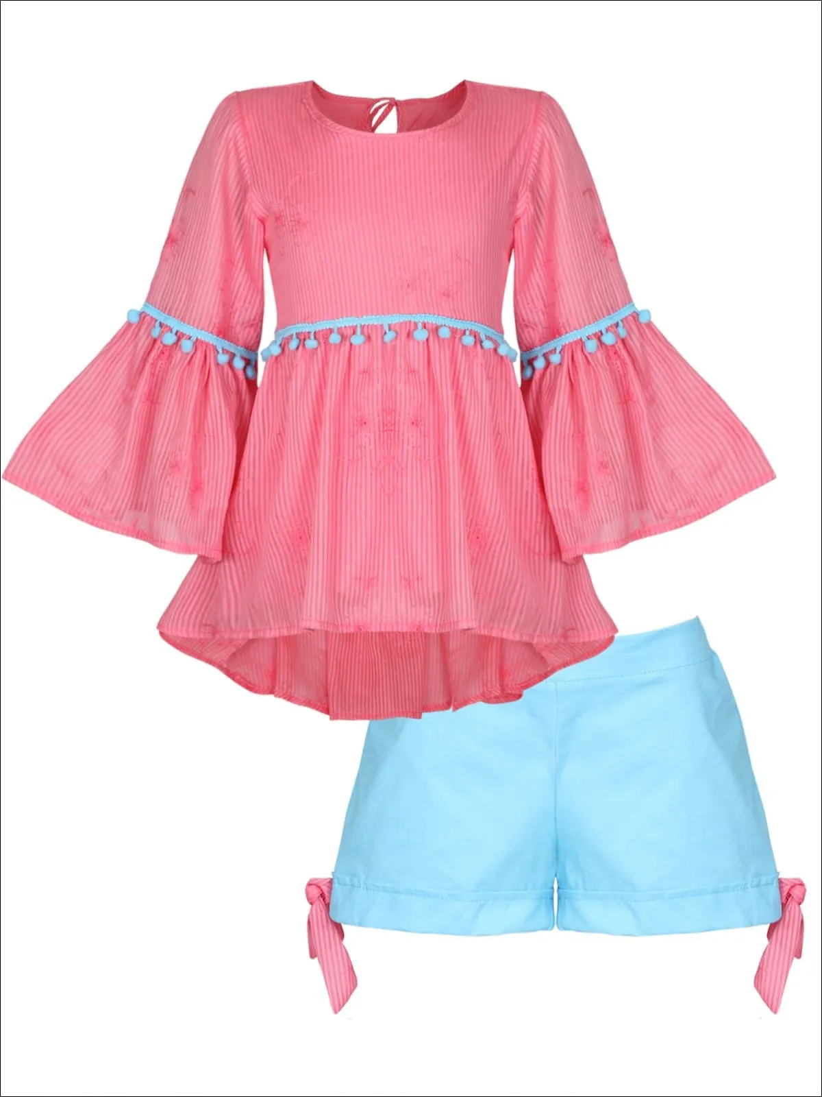 Girls Trimmed Boho Flared Sleeve Tunic And Cuffed Bow Short Set