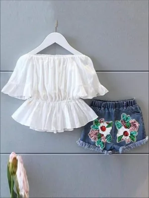 Girls White Peasant Style Tunic And Applique Denim Short Set