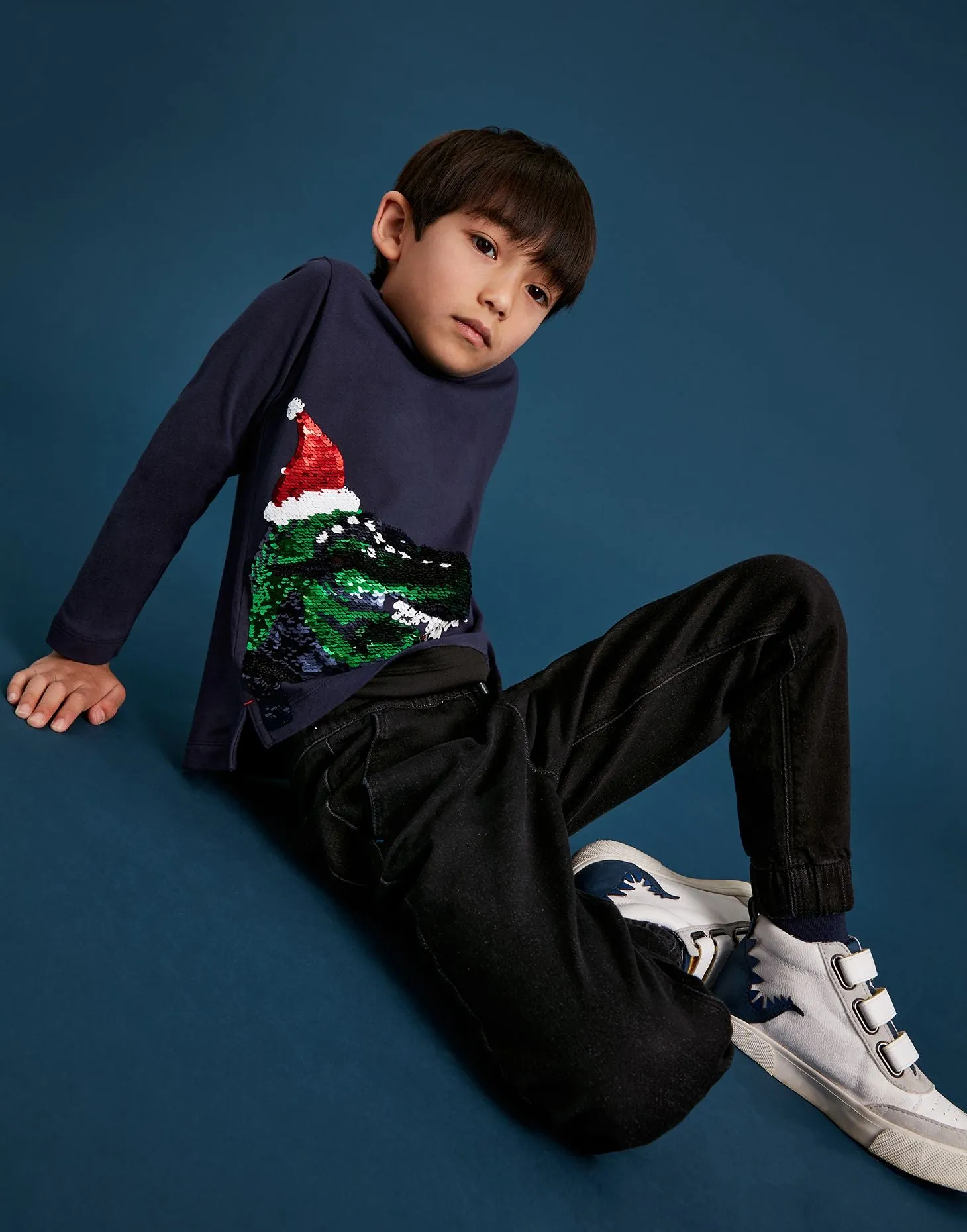 Long Sleeve Two-way Sequin Christmas Dinosaur T-Shirt | Joules