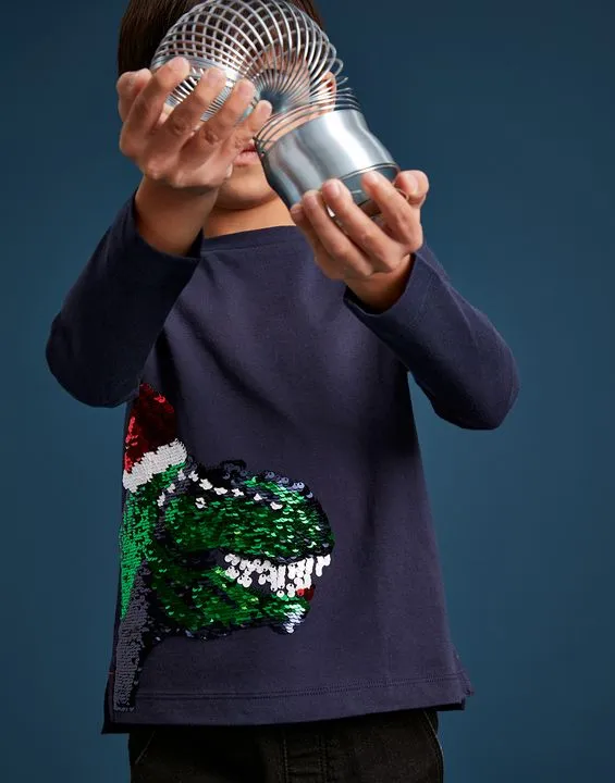 Long Sleeve Two-way Sequin Christmas Dinosaur T-Shirt | Joules