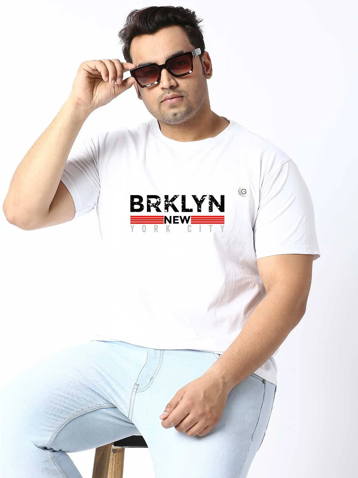 Men Plus Size White Brooklyn Printed Round Neck T-Shirt