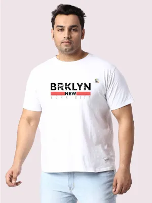 Men Plus Size White Brooklyn Printed Round Neck T-Shirt