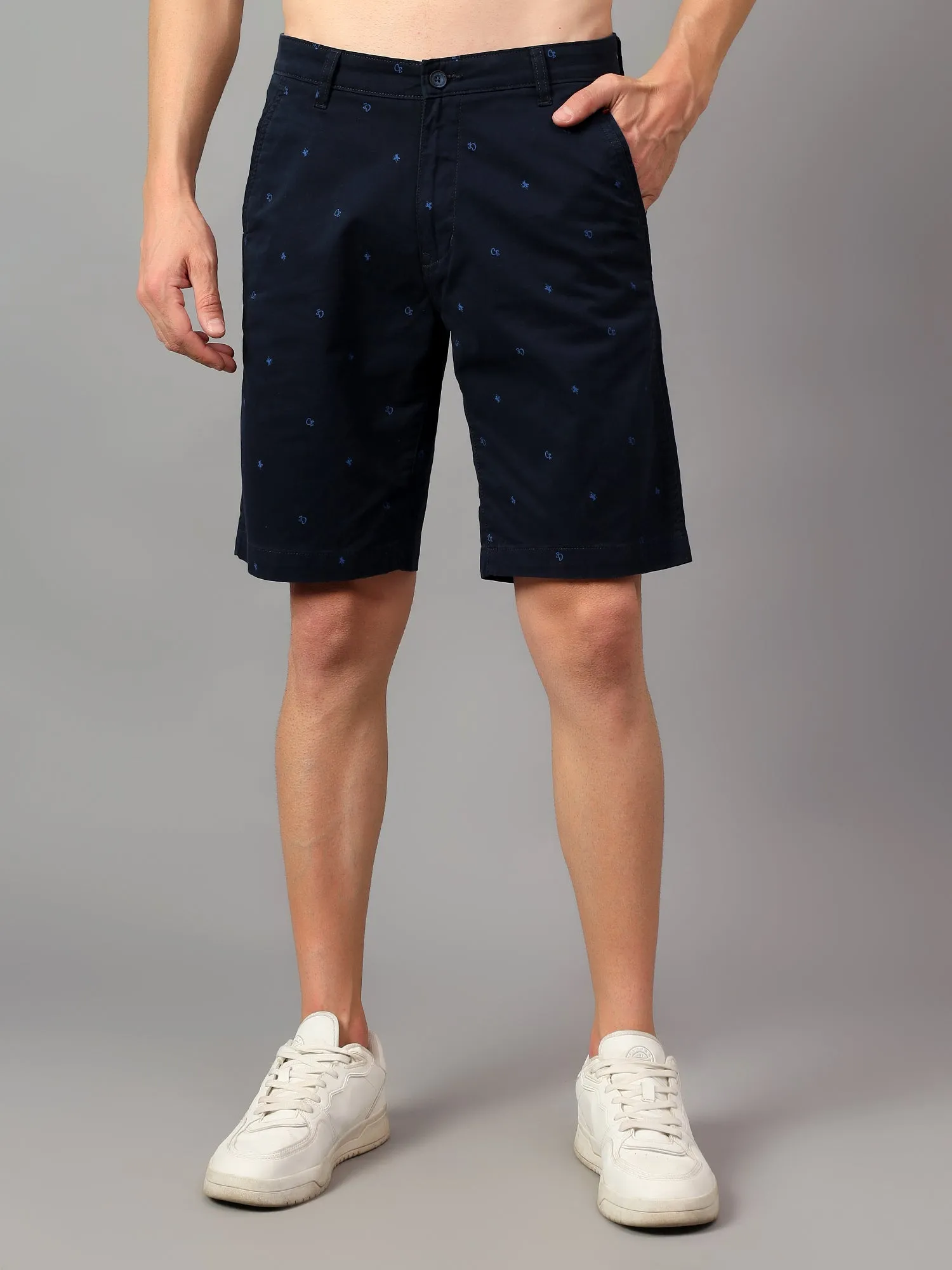 Men's Navy Blue Printed Above Knee Bermuda