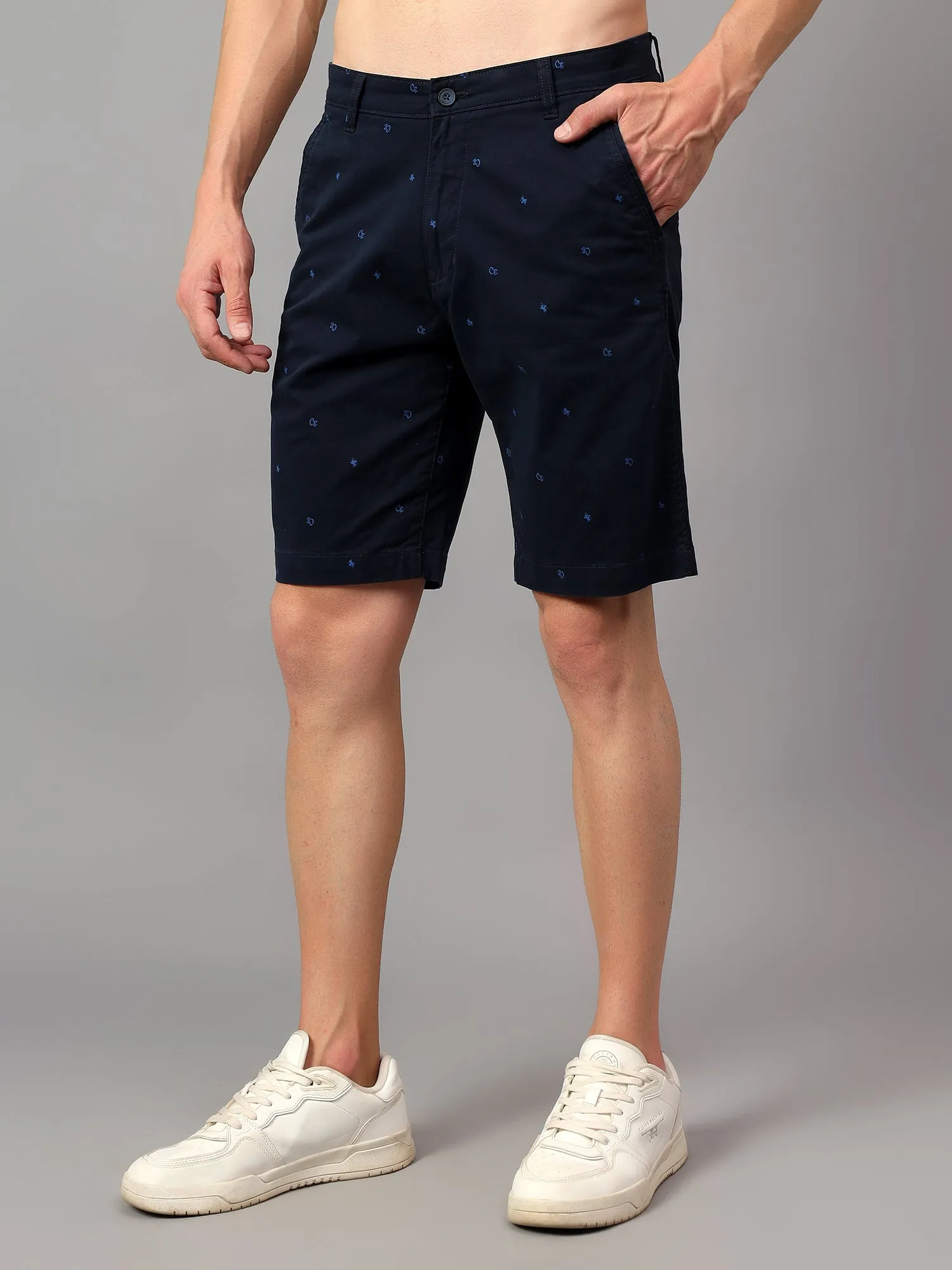 Men's Navy Blue Printed Above Knee Bermuda