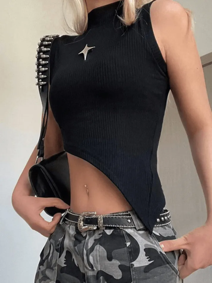 Metal Star Asymmetric Ribbed Tank Top