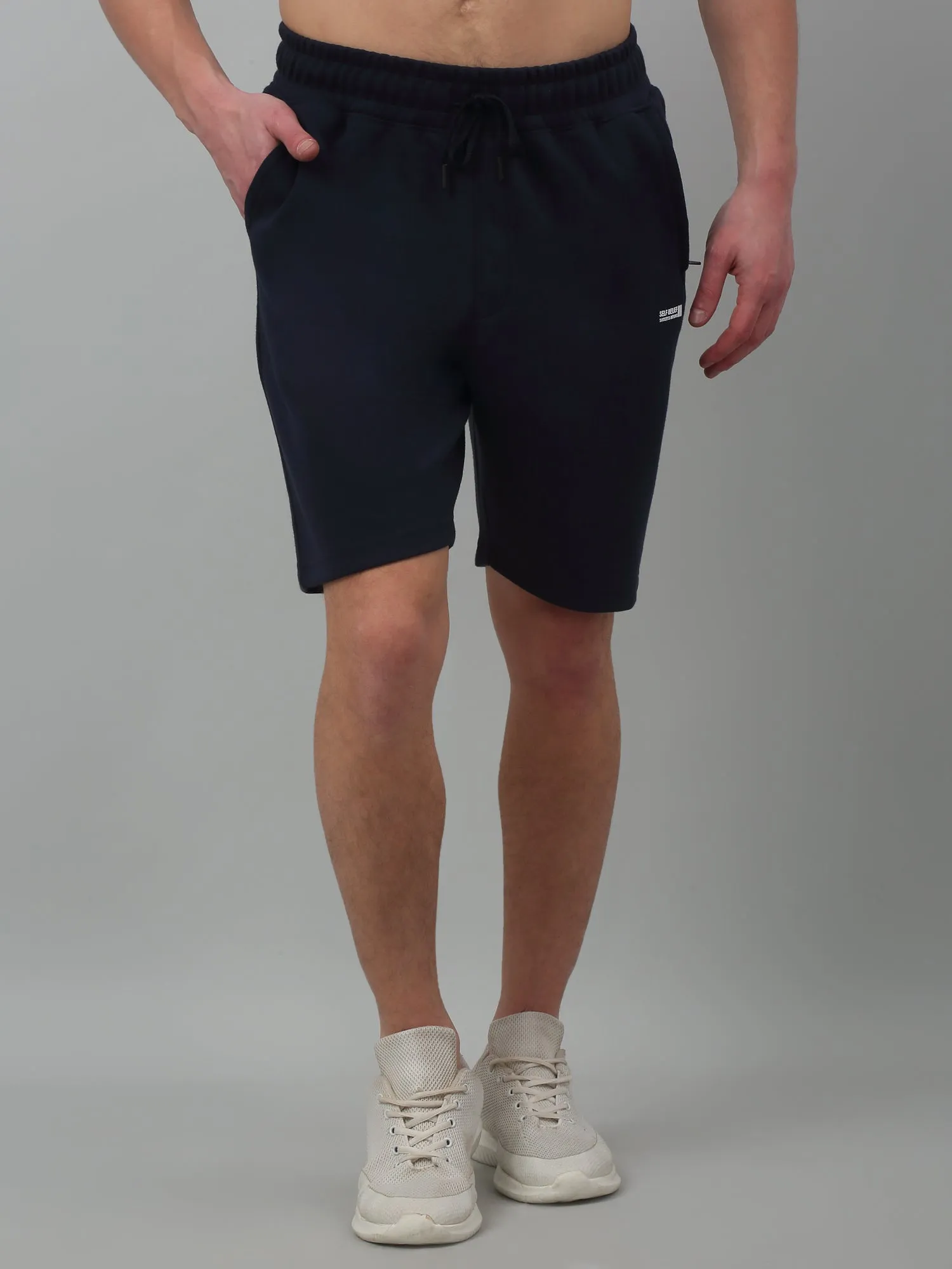 Navy Blue Solid Above Knee Bermuda For Men