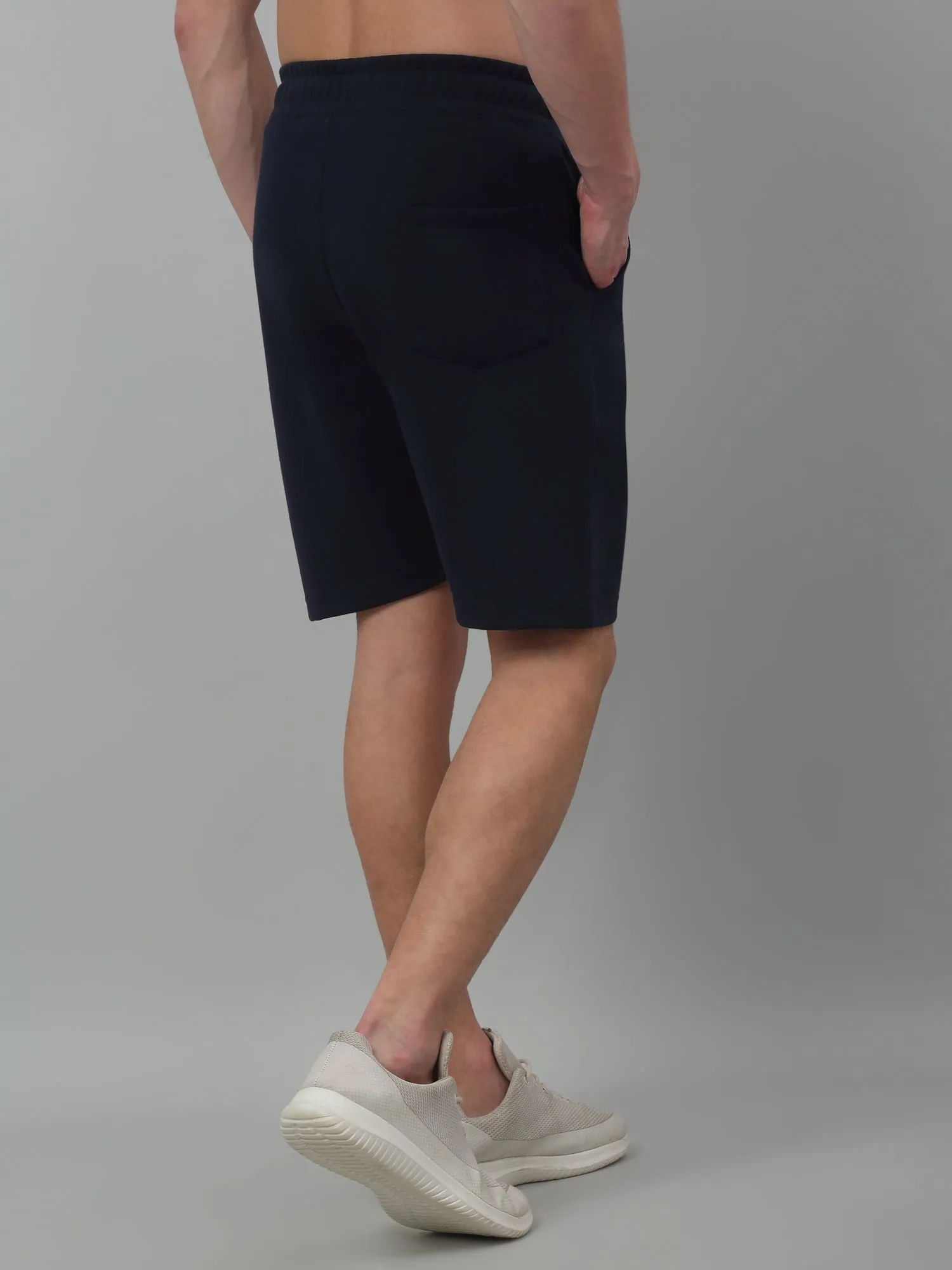 Navy Blue Solid Above Knee Bermuda For Men