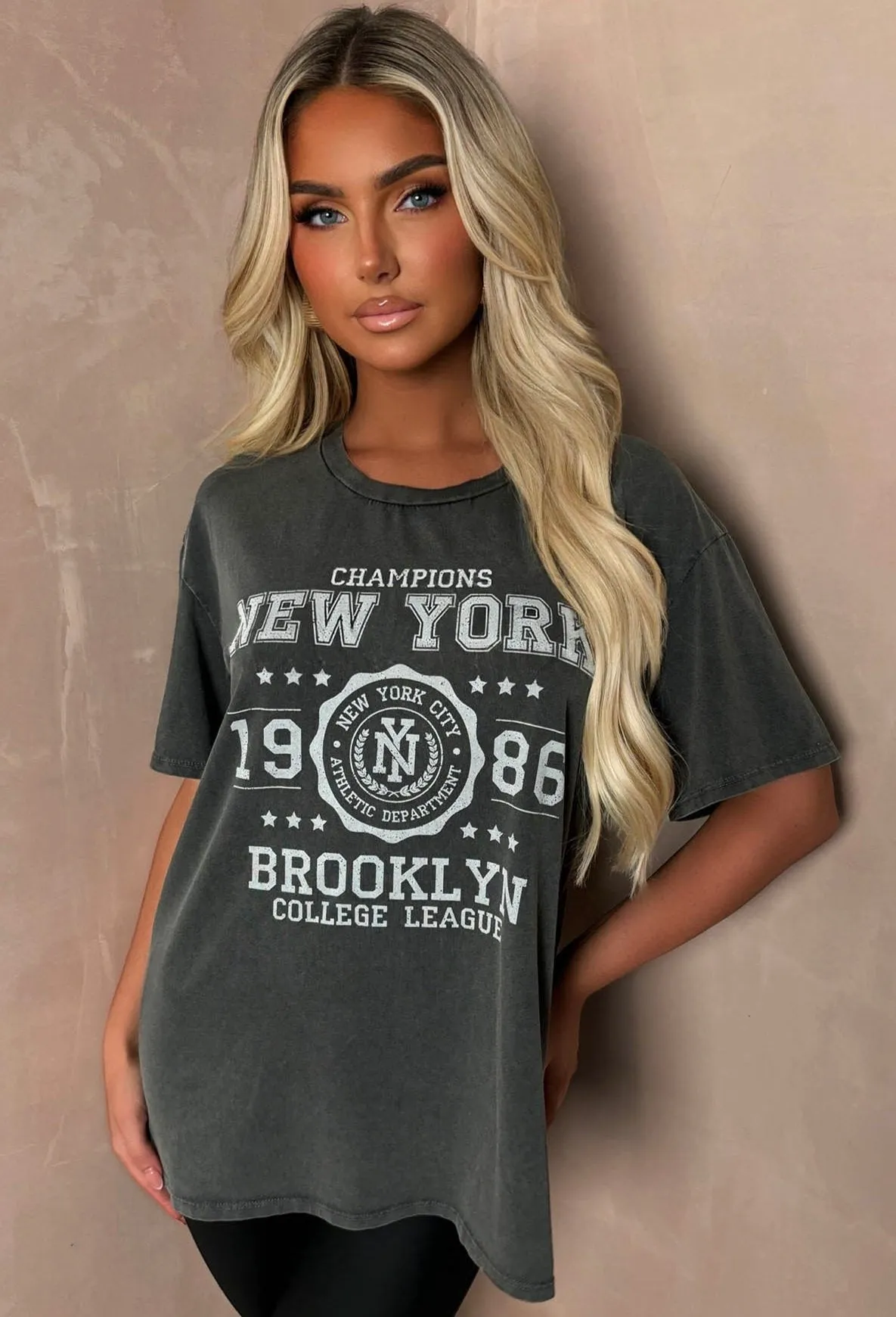 Rock Babe Grey New York Slogan Acid Wash T-Shirt