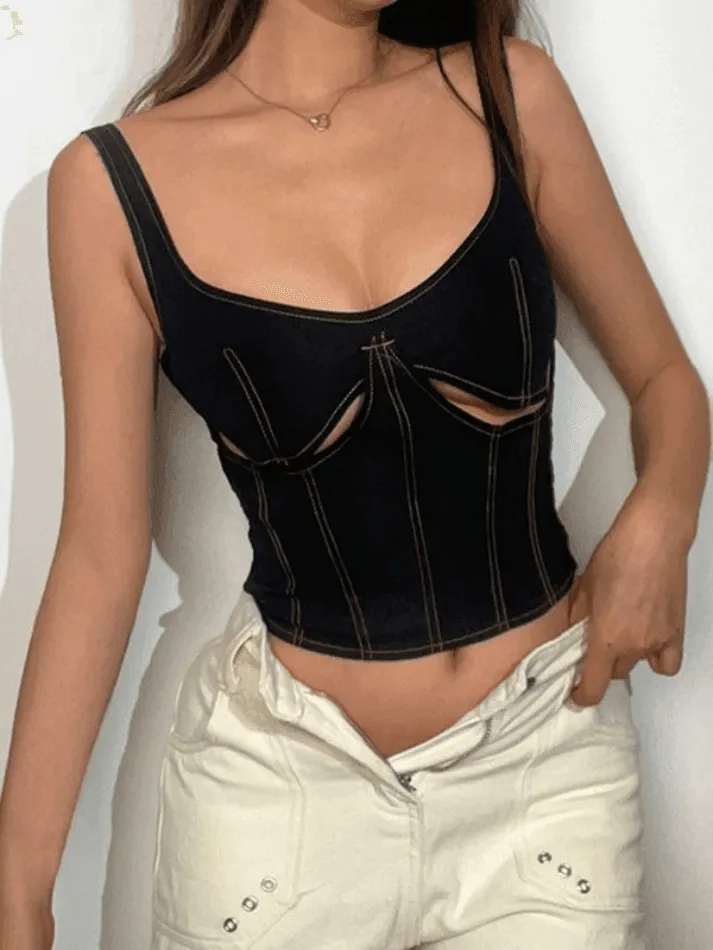 Stitched Detail Cutout Denim Cropped Tank Top