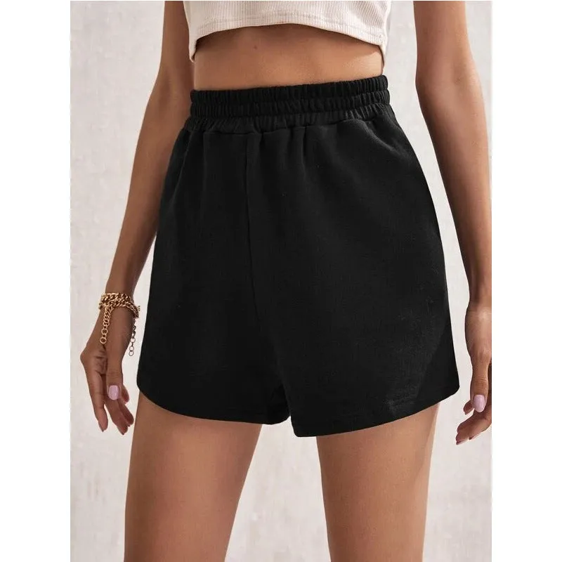 summer women's elastic waist loose wide leg solid color casual sports shorts