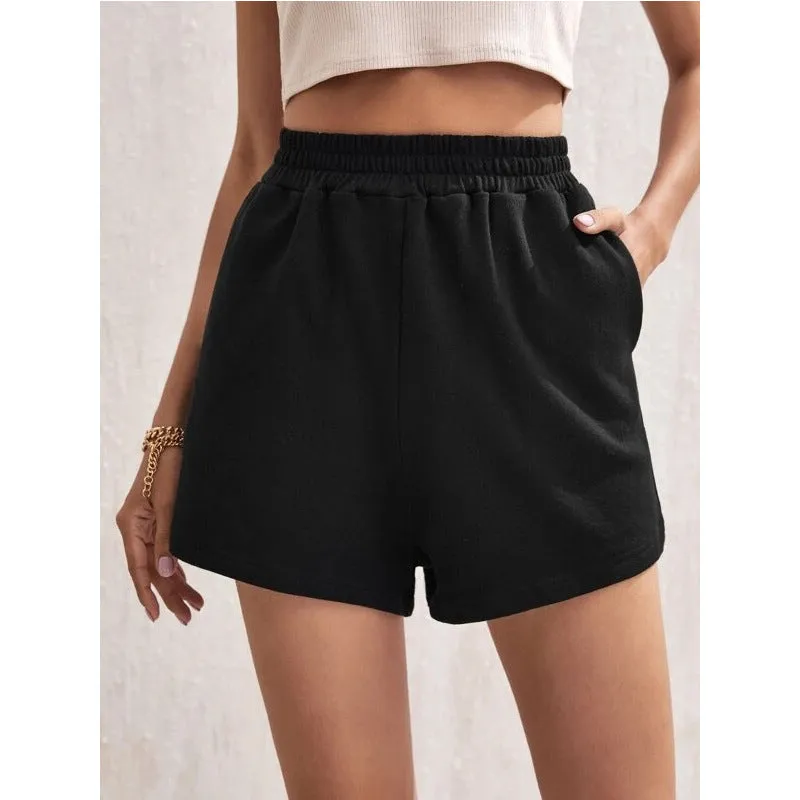 summer women's elastic waist loose wide leg solid color casual sports shorts