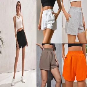 summer women's elastic waist loose wide leg solid color casual sports shorts