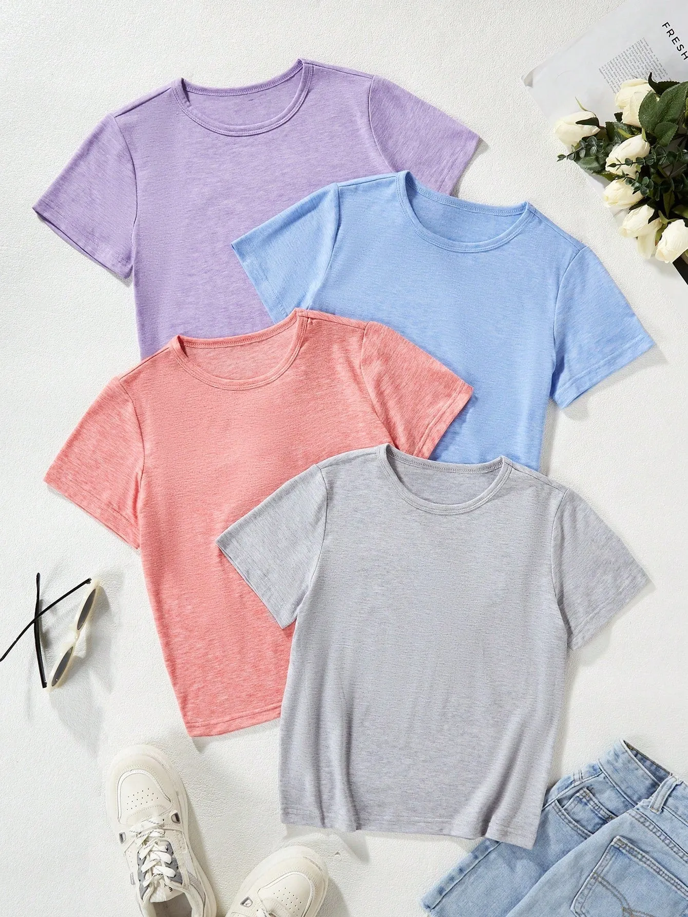 Tween Girl 4pcs Sports Tees - Mixed Colors, Comfy, Breathable, Short Sleeve, Summer Casual