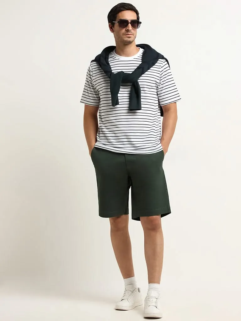 WES Casuals Green Cotton Blend Relaxed Fit Bermuda Shorts