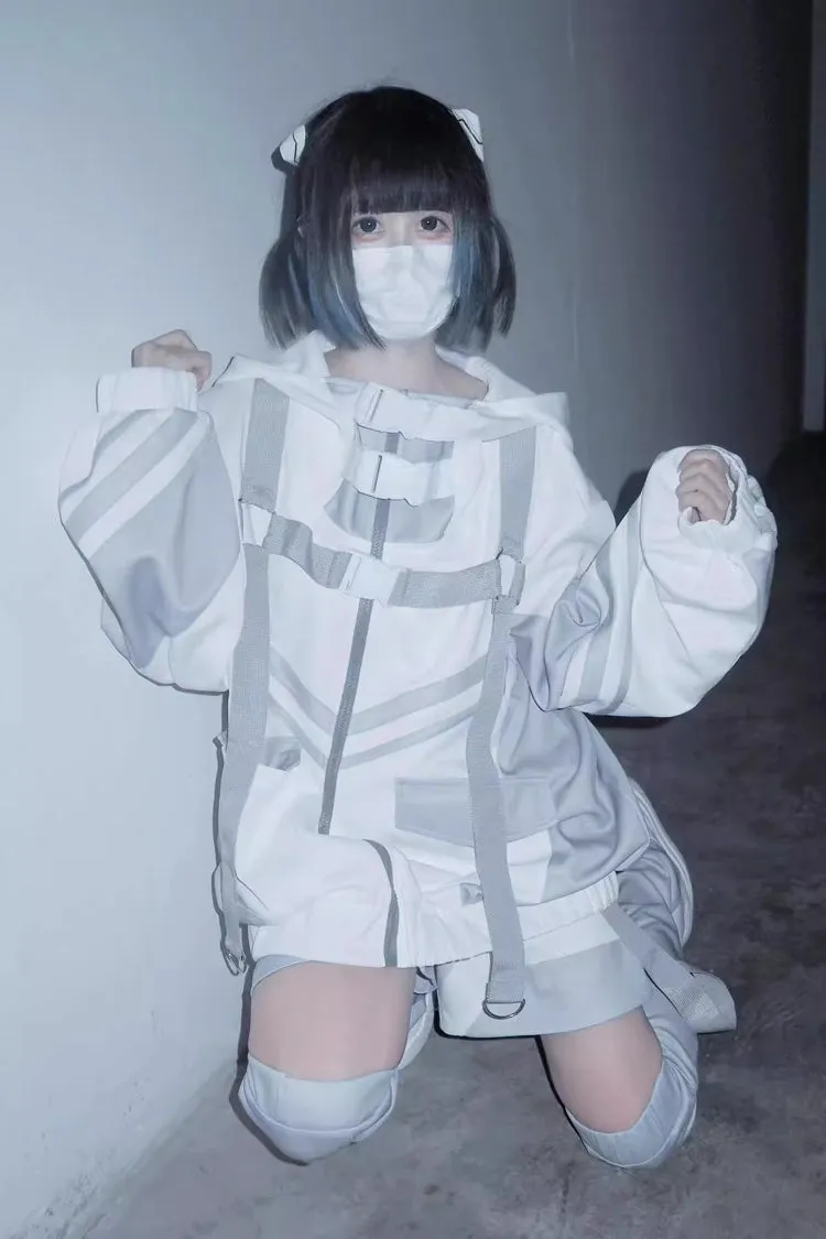 White/Grey Cyberpunk Functional Style Long Sleeves Hooded Jirai Kei Coat