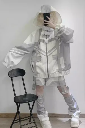 White/Grey Cyberpunk Functional Style Long Sleeves Hooded Jirai Kei Coat