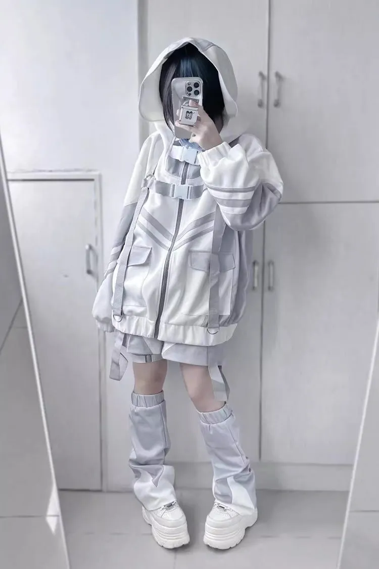 White/Grey Cyberpunk Functional Style Long Sleeves Hooded Jirai Kei Coat