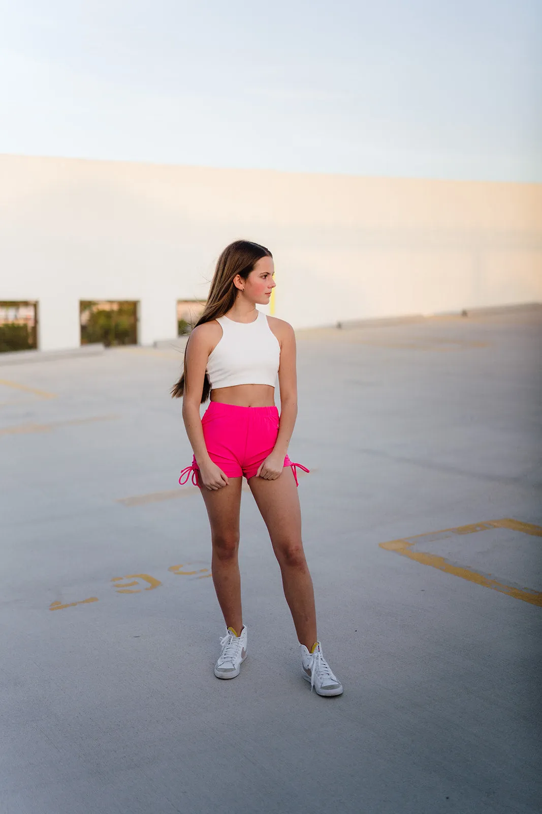 Youth Coral Pink Ribbed String Shorts