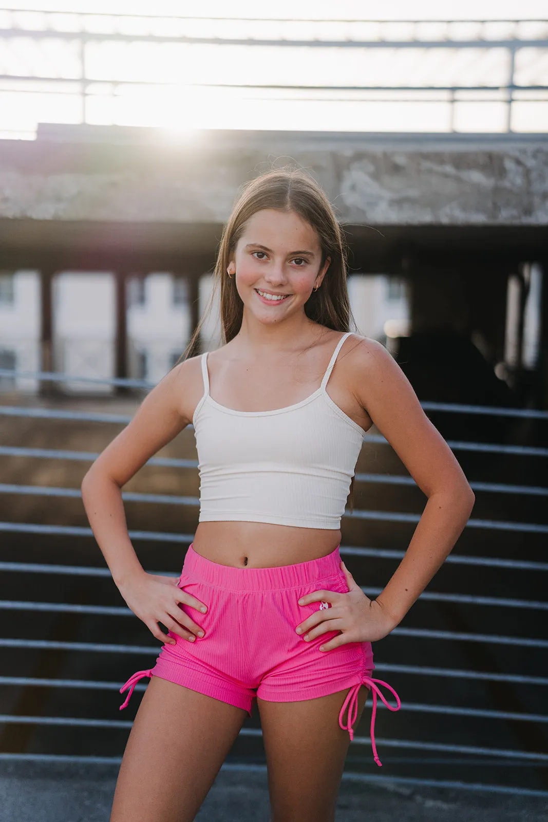 Youth Coral Pink Ribbed String Shorts