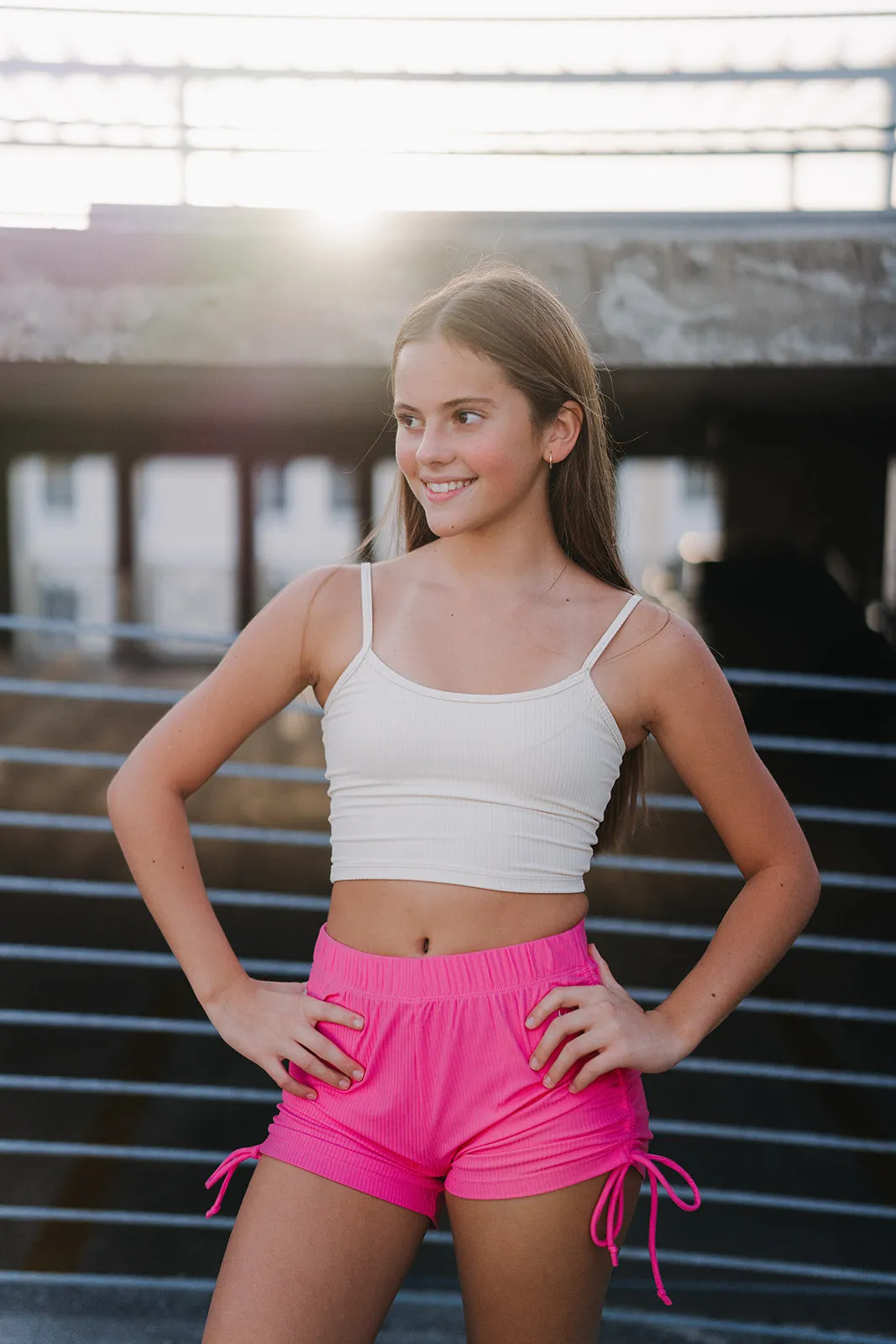 Youth Coral Pink Ribbed String Shorts