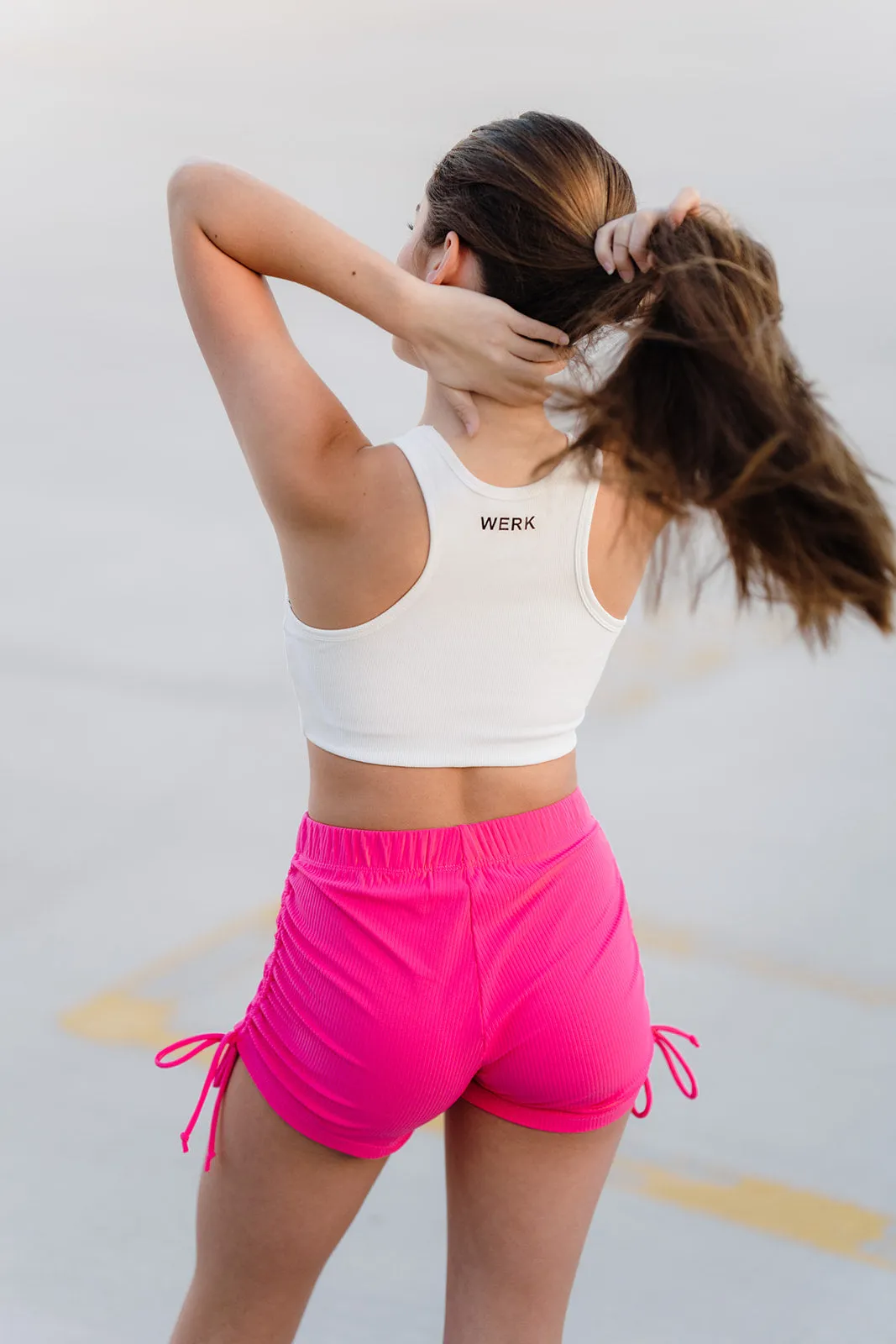 Youth Coral Pink Ribbed String Shorts