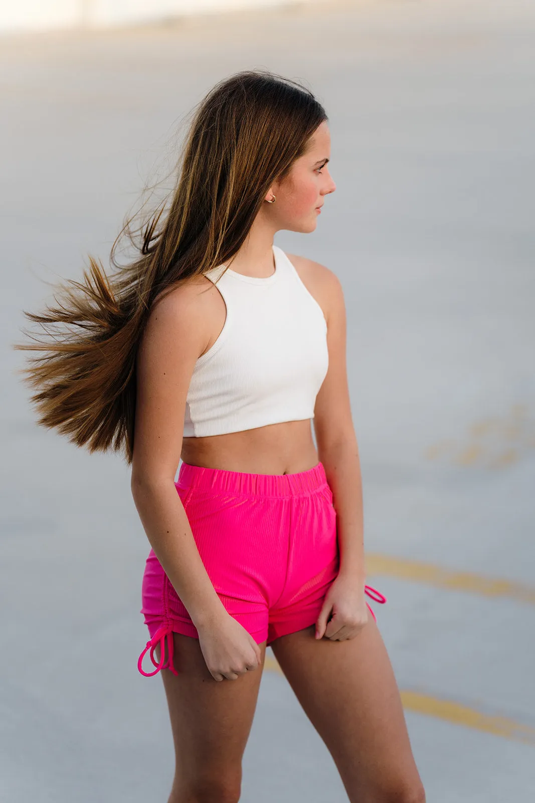 Youth Coral Pink Ribbed String Shorts